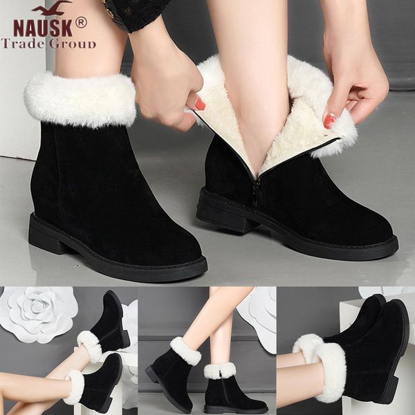 

suede plush insole snow boots women ladies fashion casual round toe short ankle boots flock keep warm zipper low heel shoes, Black