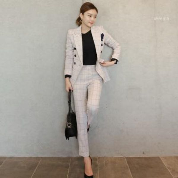 

работа в офисе брюки и куртки из двух частей набора женщин blazer костюм осени винтажа бежевых плед бизнес формальных костюмов для женские1, White;black