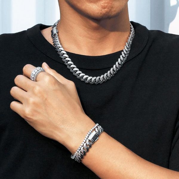 

hip hop 12mm black and white iced out 5a 2 rows cz two tone cuban link chain, Silver