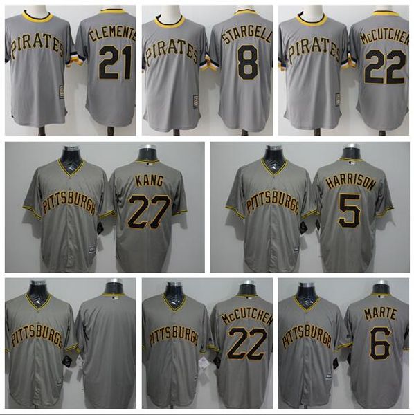 

2019 pittsburgh 21 roberto clemente 8 stargell willie stargell majestic pirates gray road cool base cooperstown collection player jersey, Blue;black