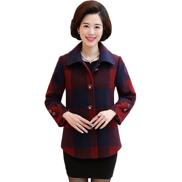 

2018 plus size middle age women spring autumn woolen coat female loose elegant classic plaid wool jacket elderly overcoat xh1034, Black