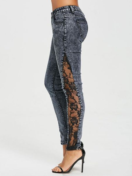 

wipalo women jeans plus size sheer lace side low waist jeans slim casual skinny lace panel pencil denim see through pants, Blue