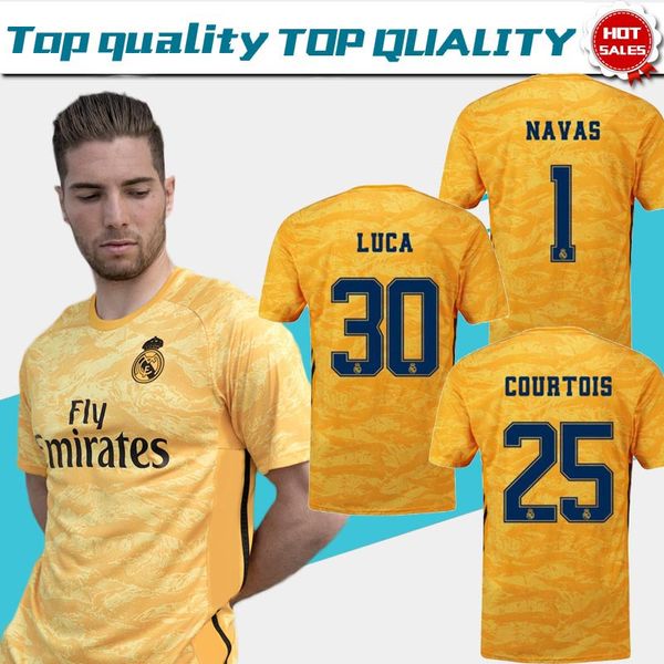 

2019 real madrid goalkeeper soccer jerseys yellow #1 navas #25 courtois 19/20 men goalie soccer shirts customized football uniforms, Black;yellow