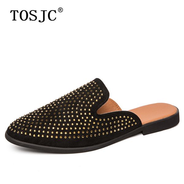 

tosjc fashion men half loafers bling diamond design slippers breathable mules lightweight half shoes for man outdoor flat shoes, Black