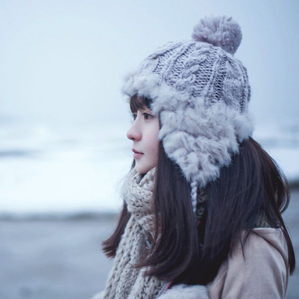 

miara.l winter hat lady sweater hat knitting warmth lei feng ear cap woman winter thickening lovely ear cover, Blue;gray