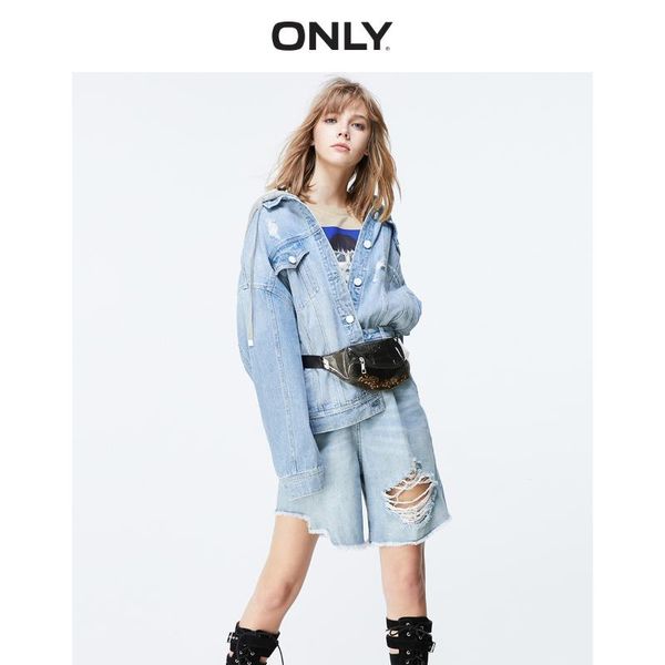 

women's loose fit printed ripped denim jacket | 119354534, Black;brown