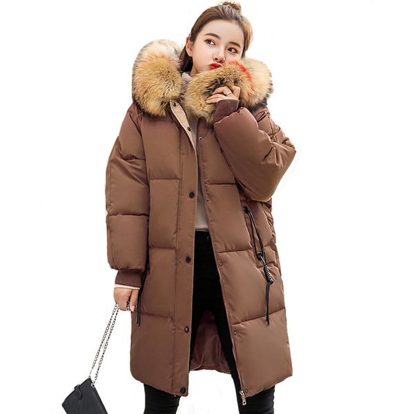 

2019 fashion winter jacket and coat for women with fur hooded padded long womens coat outwear female parka, Tan;black