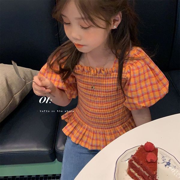 

2020 children's summer clothes girls foreign doll shirt style bubble short sleeve baby plaid base doll shirt fashion, White;black