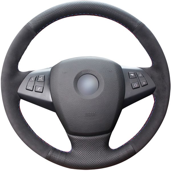 

black genuine leather black suede car steering wheel cover for bmw e70 x5 2007-2011