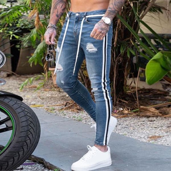 

2019 men denim casual pants straight hole pants men's fashion hip hop trouser distressed jeans long pant denim stretch 8.14, Blue