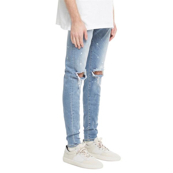 

fashion men's denim jeans casual skinny ripped jeans broken punk pants homme hip hop brand men streetwear, Blue