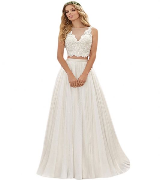 

simple v-neck summer lace gauze beach wedding dresses with exposed back a-line yarn tights two-piece white bohemian wedding dress
