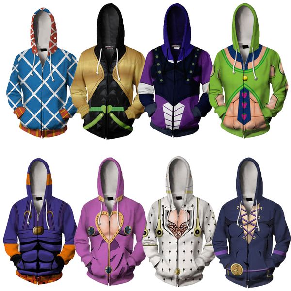 

japanese anime jojo bizzare adventure cosplay hoodies sweatshirts giorno giovanna male harajuku streetwear zipper hat jackets, Black