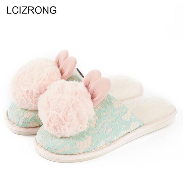 

lcizrong winter cute plush indoor slippers women large size lace warm black floor bedroom slipper autumn slapping shoes women