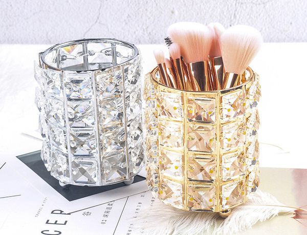 

2019 Metal crystal centerpieces flower holder Makeup Brush Storage Tube Eyebrow Pencil Makeup Organizer Bead Crystal Jewelry Storage Box