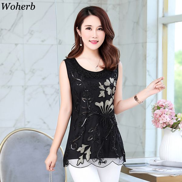 

wherb womens clothing summer new women long sleeveless o-neck tunic chiffon embroidery hollow out white female blous 92010