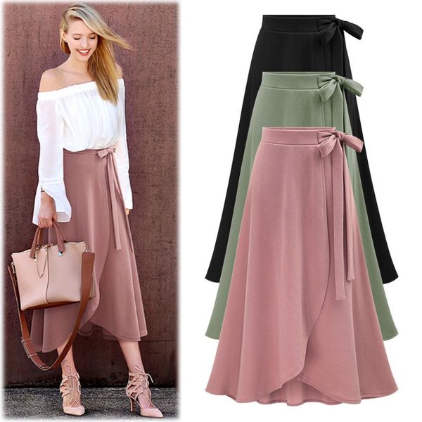 

youyedian clothes fashion high waist skirt female irregular split bandage skirt long faldas mujer moda ruffles bow belt @4, Black