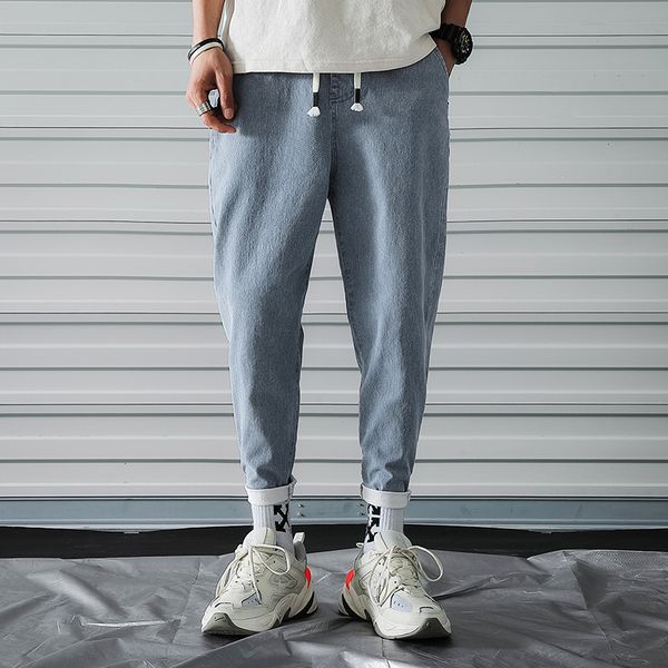 

spring new jeans men fashion washed solid color casual drawstring denim pants man streetwear hip hop loose male clothes -3xl, Blue