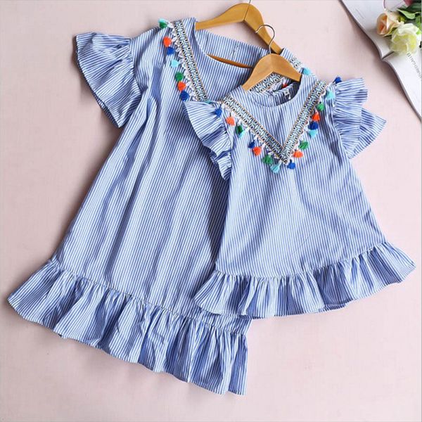 

summer girls tassel flying sleeve dresses casual blue stripe daughter mother o-neck sundress family matching clothes