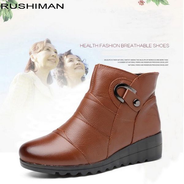 

rushiman genuine leather thickened snow boots female winter cowhide cotton shoes mother shoes non-slip warm boots, Black