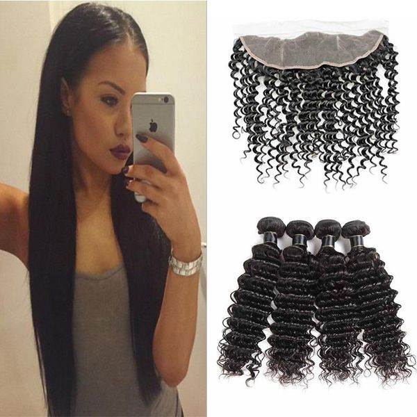 

13x4 кружева фронтальная закрытие с 4 связки pre щипковых глубокая волна индийских человеческих волос девы bundle волос с 13x4 фронтальным з, Black;brown