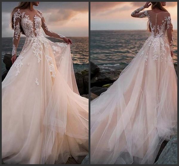 

2020 new arrival pink tulle beach summer long sleeve muslim wedding dresses lace applique camo beading bling bridal gowns hochzeitskleid, White