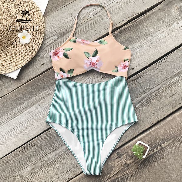 

cupshe pink floral and green striped halter one-piece swimsuit women tied back bow cutout monokini 2020 boho beach bathing suits, White;black