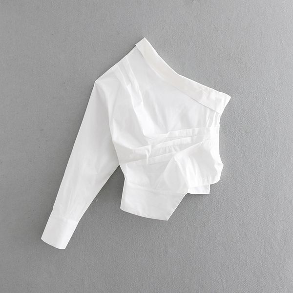 

new women fashion solid color one shoulder pleated shirt blouses women irregular hem white roupas femininas chemise shirt ls3222