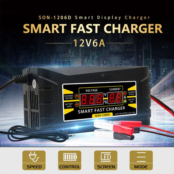 

car battery charger 150v/250v to 12v 6a smart fast power charging for wet dry lead acid digital lcd display us plug