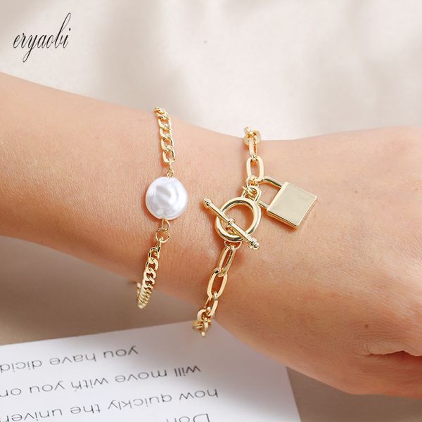 

link, chain hip-hop metal lock-shaped woman bracelet punk o-shaped gold color handmade jewelry for women rock charm accessories, Black