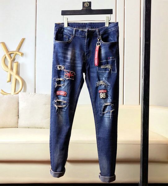 

2020 new mens distressed ripped biker jeans slim fit motorcycle biker denim for designer hip hop black jeans mens designer pants, Blue