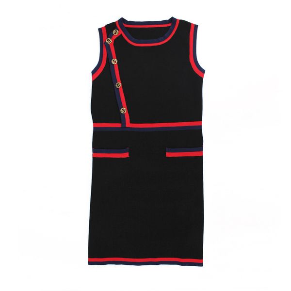 

2019 summer dress new g small fragrance metal button contrast color sleeveless round neck thin a-line skirt womens clothes size s-l, Black;gray