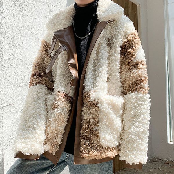 

male streetwear cotton padded parka fur coat outerwear men women winter thick faux lambswool splice leather loose jacket, Black