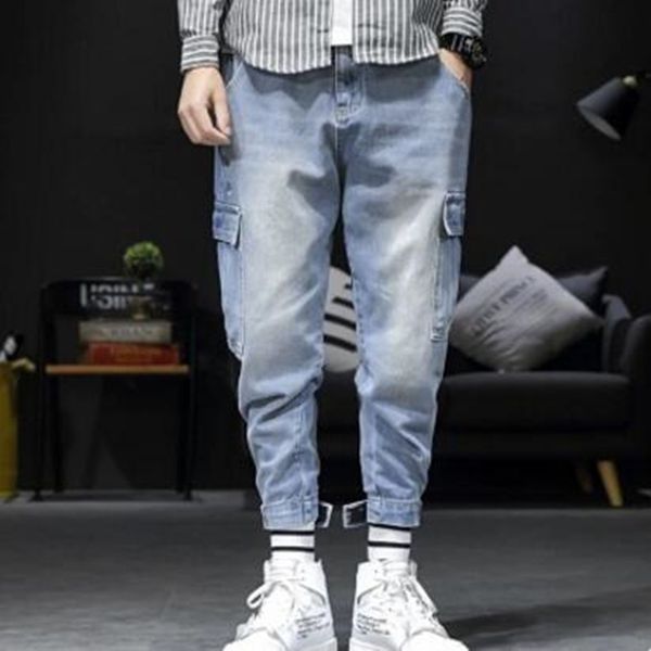 

2019 summer new fashion harem pants men retro trend feet pants men's jeans comfortable casual denim trousers nine, Blue