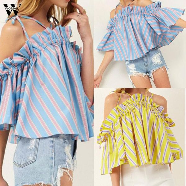 

women ladies stripe printing t-shirt short sleeveless blouse 6.12, White