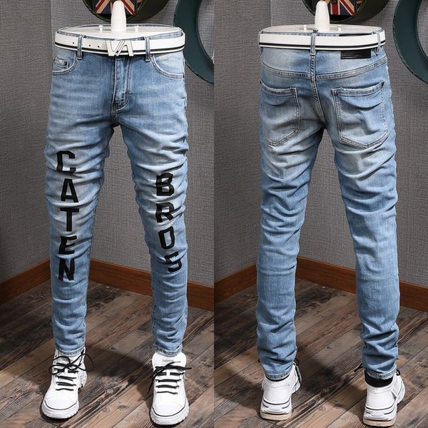 Stampa Jeans blu invecchiati Guy Slim Biker Fit Skinny Gamba strappata Pantaloni da cowboy sbiaditi da uomo