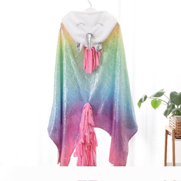 

unicorn одеяло мягкая фланель единорог шаль руно одеяло обертывание детский бархат блестки с капюшоном одеяла 140x110cm gga1427