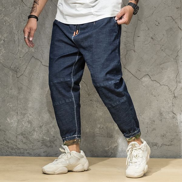 

2019 new spring men's retro nostalgia drawstring denim pants fashion brand casual camouflage spliced jeans plus size 40 42 44 46, Blue