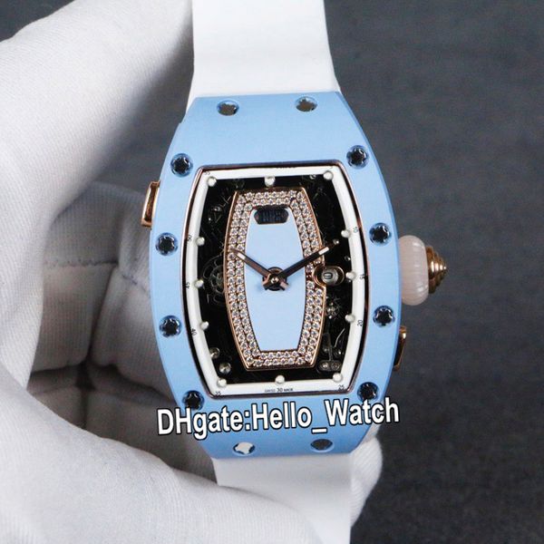

new rm037 margot 037 skeleton diamond dial japan miyota automatic womens watch white rubber rose gold blue ceramic case fashion hello_watch, Slivery;brown