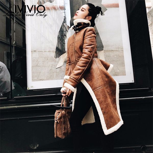

livivio] irregular fleece pu leather turtleneck zipper closure long coats jackets winter thick female plus size xxl fashion, Black