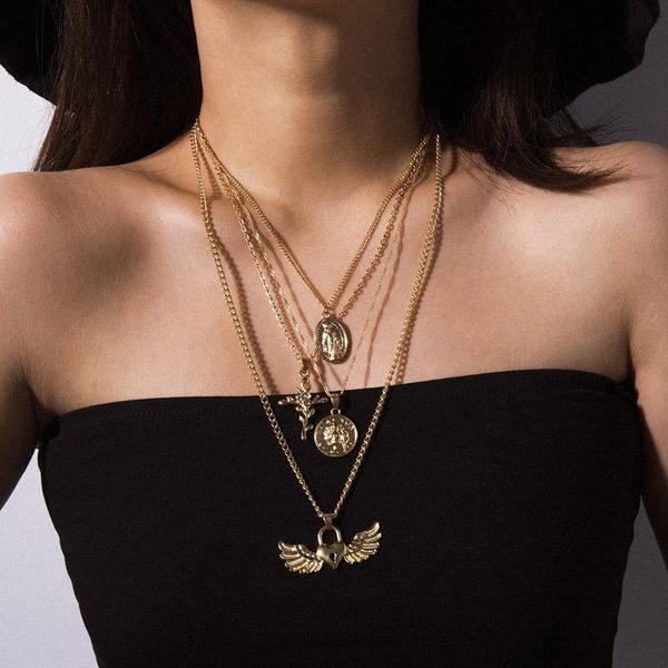 

diezi multi layered gold metal chain choker necklace vintage fashion female heart pendant collier necklaces for women jewelry, Silver