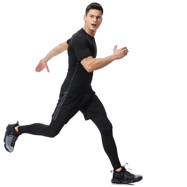 

mma rashgard sleeve fitness set tights men's compression elasticity quick dry breath t-shirt tactical men's t-shirt three-piece, Gray