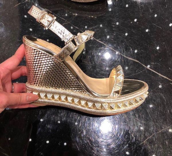 

classic sandals lady summer 2019 designer's luxury red bottom sandals pyraclou wedge gold leather women high heels ing, Black