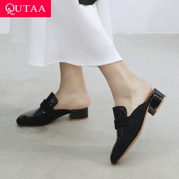 

qutaa 2019 women mules pumps square med heel flock+patent leather square toe slingback leisure concise slipper summer size34-43, Black;white