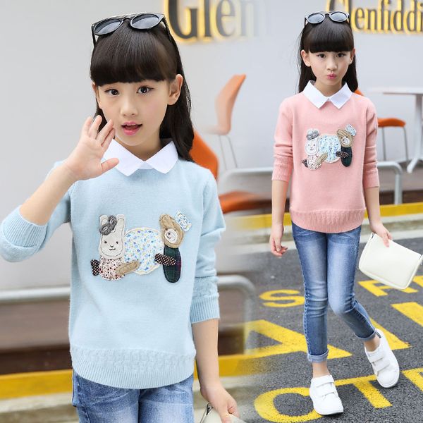 

children's garment girl new pattern spring clothes children lapel false two paper knitting sweater, Blue
