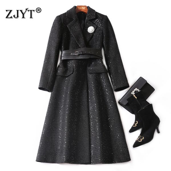 

2019 fashion winter jacket women runway fashion turn down collar tweed woolen jackets and coats long wool outerwear with belt, Black