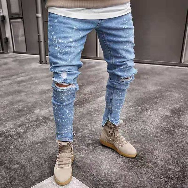 

mens designer jeans blue snowflake point stretch hole pants men