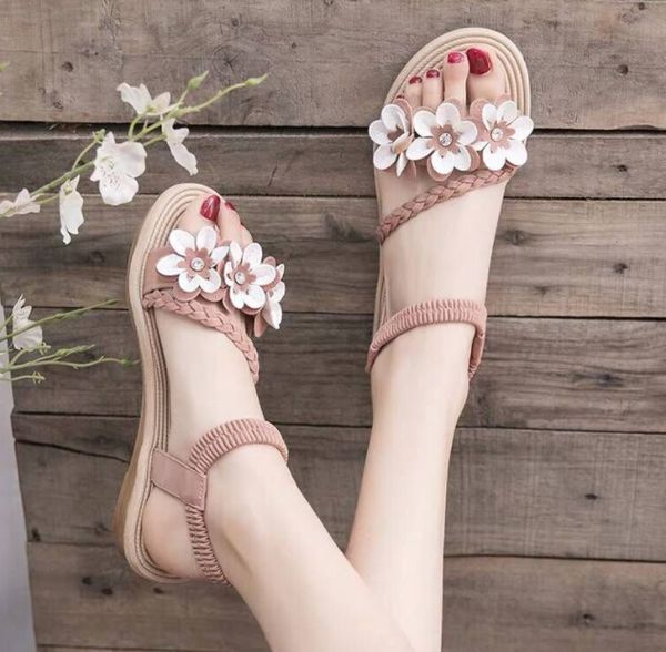 

new 2020 roman shoes sandals bohemian flowers flat shoes women's shoes, Black
