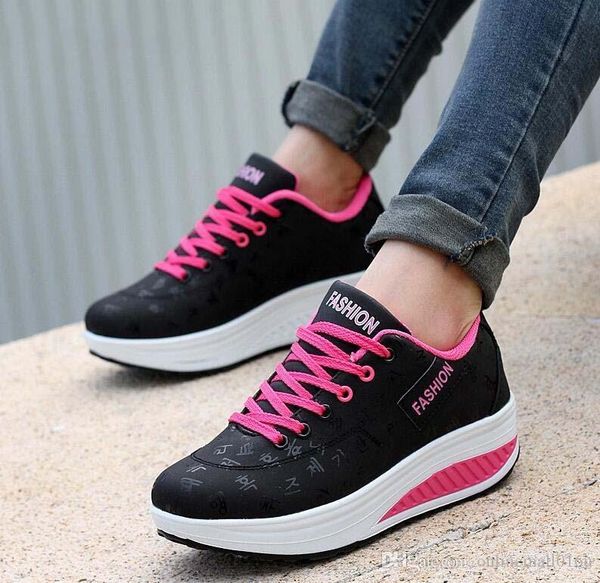 

fashion women height increasing summer breathable waterproof wedges sneakers platform shoes woman pu leather casual shoe, Black;white