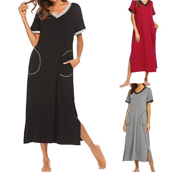 

womens summer soft v neck color block nightwears casual short sleeve long sleepshirts with two pockets split hem nightgowns, Black;red